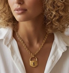 Gold Padlock Necklace Chunky Chain Statement Keyhole VTG Key Steampunk Y2K Boho