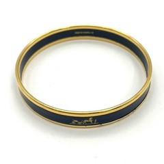 HERMES Emaillé Enamel Cuff Bangle Navy Blue Gold 19.5cm Round Metal Auth