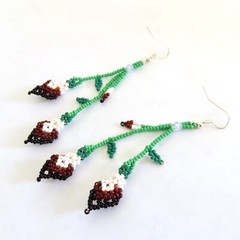 Huichol Beaded Dangle Earrings White Brown Calla Lilly Flower Handmade Mexico