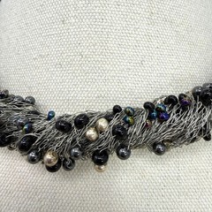 Wire Wrapped Pearl Beaded Statement Necklace Black Silver Toned Artsy Bold