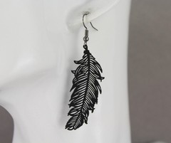 Black feather earrings dangle metal filigree feather lightweight 2.5″ long
