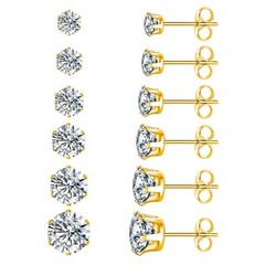 18K Yellow Gold Plated Round Clear Cubic Zirconia Stud Earring Pack of 6 Pairs