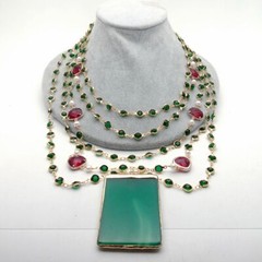 5 Strands 18” White Pearl Green Crystal Chain Necklace Green Agate Pendant