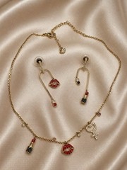 Swarovski Crystal Gold-Plated Lipstick & Lips Necklace & Earrings Set Red Gold