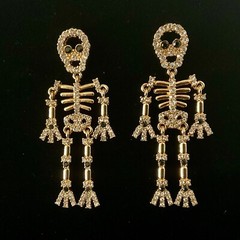 Skeleton Dangle Earrings Gold Tone Rhinestones Articulating Bijoux Bar