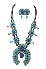 Southwestern Faux Turquoise Squash Blossom Statement Necklace & Earrings Set