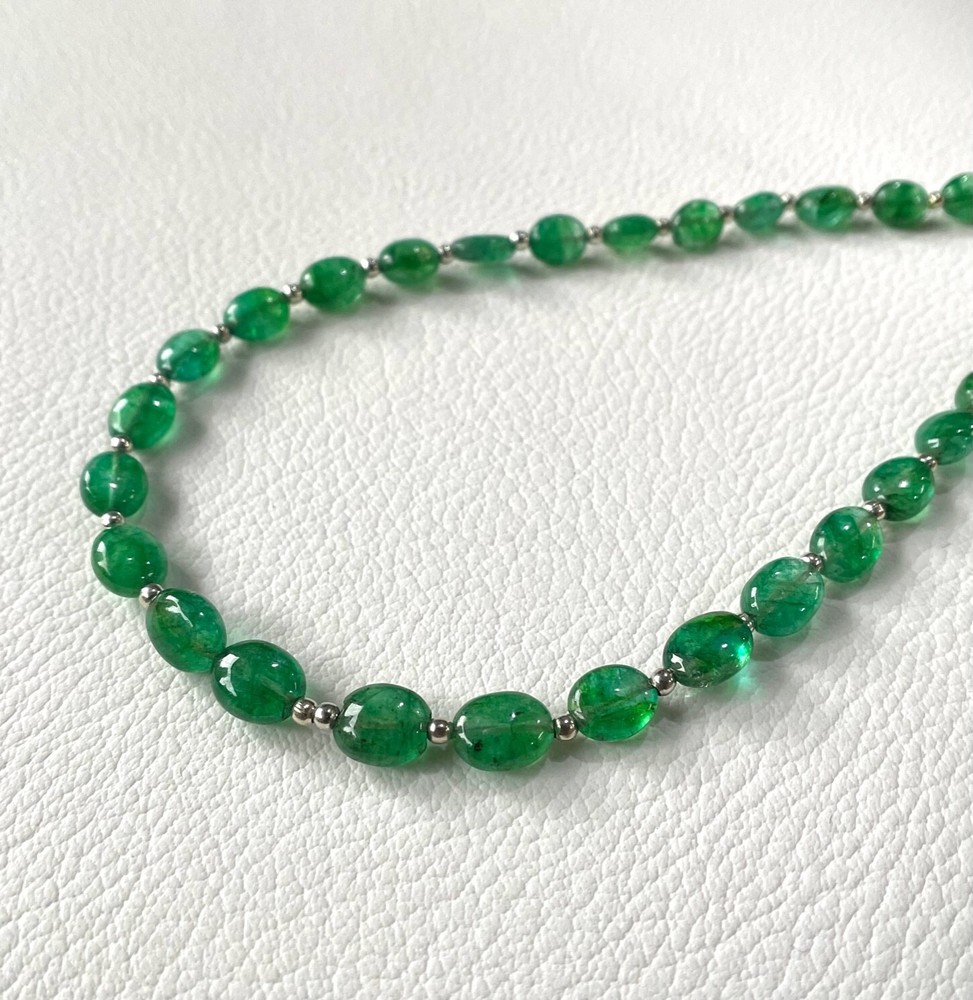 Natural Zambian Emerald Smooth Oval Beads Gemstone Necklace , Beads Gemstone