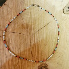 Light Blue, Black, Gold, Red, and White beaded necklace – Lobster Clasp (B)