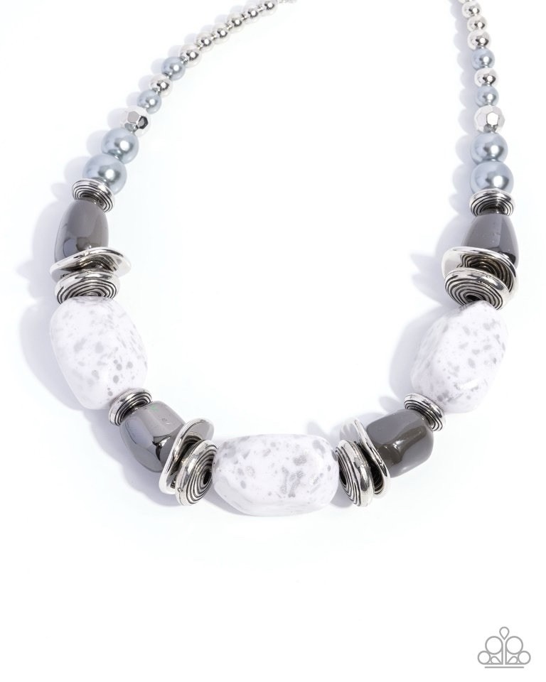 Silver Tone White & Gray Beaded Necklace & Dangle Earrings Set