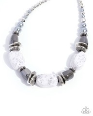 Silver Tone White & Gray Beaded Necklace & Dangle Earrings Set