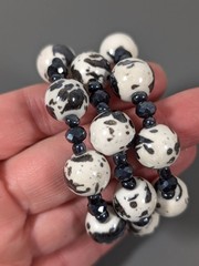 Dalmatian White Gray Ceramic & Hematite Beaded Wrap Bracelet