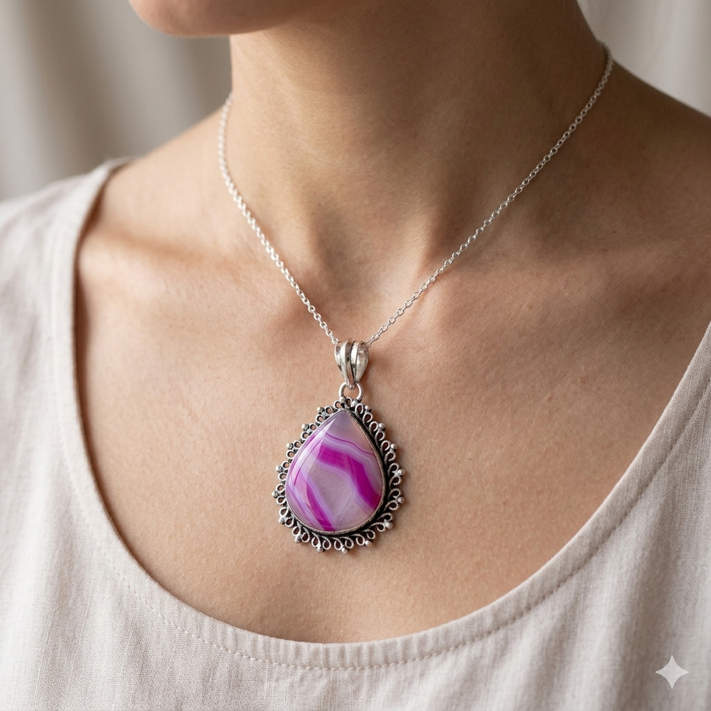 pink lace agate Mother Ethnic Birthday Engagement Pendant 925 Sterling Silver