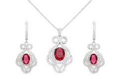 Ruby & Cubic Zirconia Pendant and Dangle Earrings Set 14K White Gold Plated