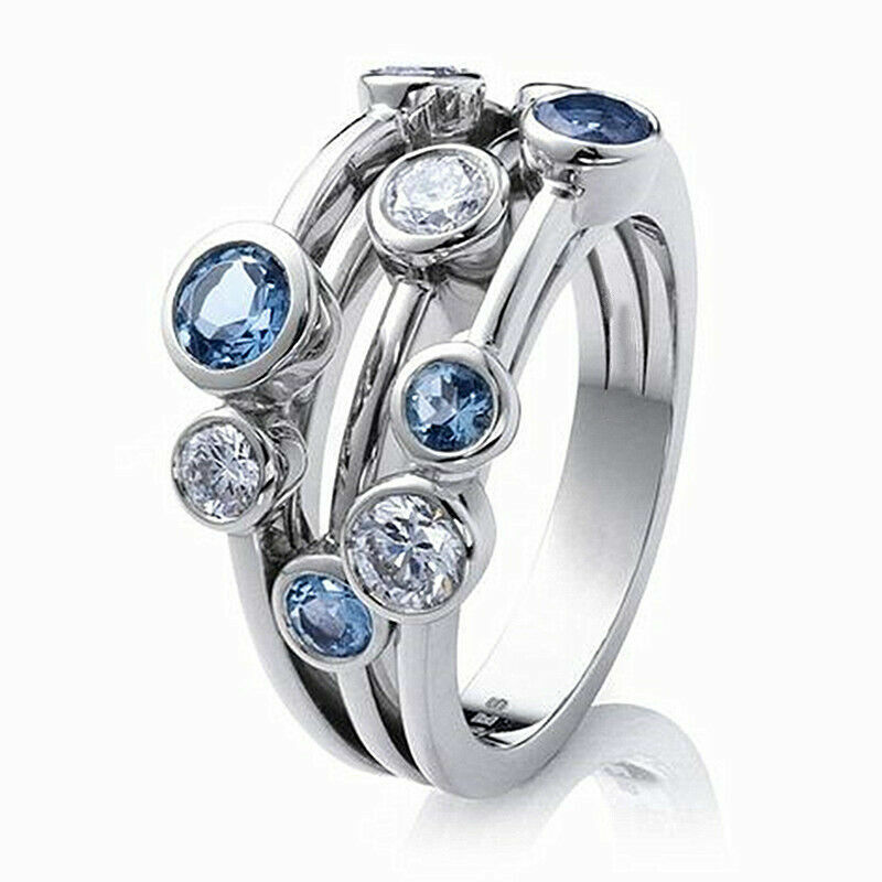 Elegant 925 Sterling Silver Blue White Topaz Wedding Engagement Ring Size 8