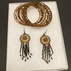 Handmade Beaded Jewelry Set Brown Black Gold Bracelet & Dangle Earrings Fashion