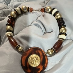 Beaded Statement Necklace Round Brown Pendant Gold-Tone Lion Charm Spring Ring