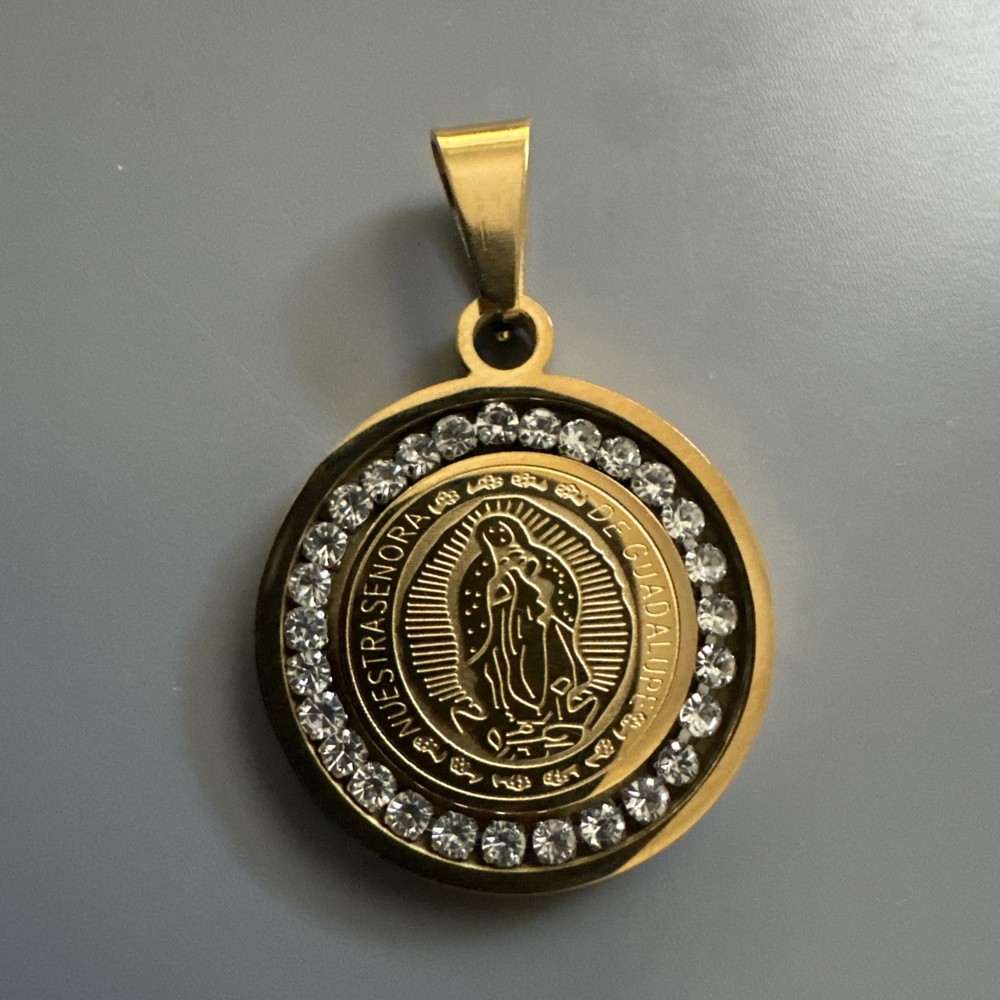Gold Plated Virgin Mary Stainless Steel Pendant Jesus Cubic Zirconia 24” Chain