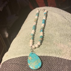 Turquoise Teardrop Charm Pendant Necklace w/ Jasper beads. Excellent condition