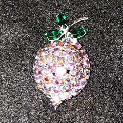 Strawberry Rhinestone Crystal Brooch Pin Silver Tone Metal w/ Green Leaves