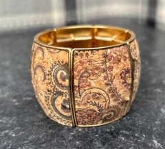 Cork panels on gold metal stretch cuff bracelet bangle