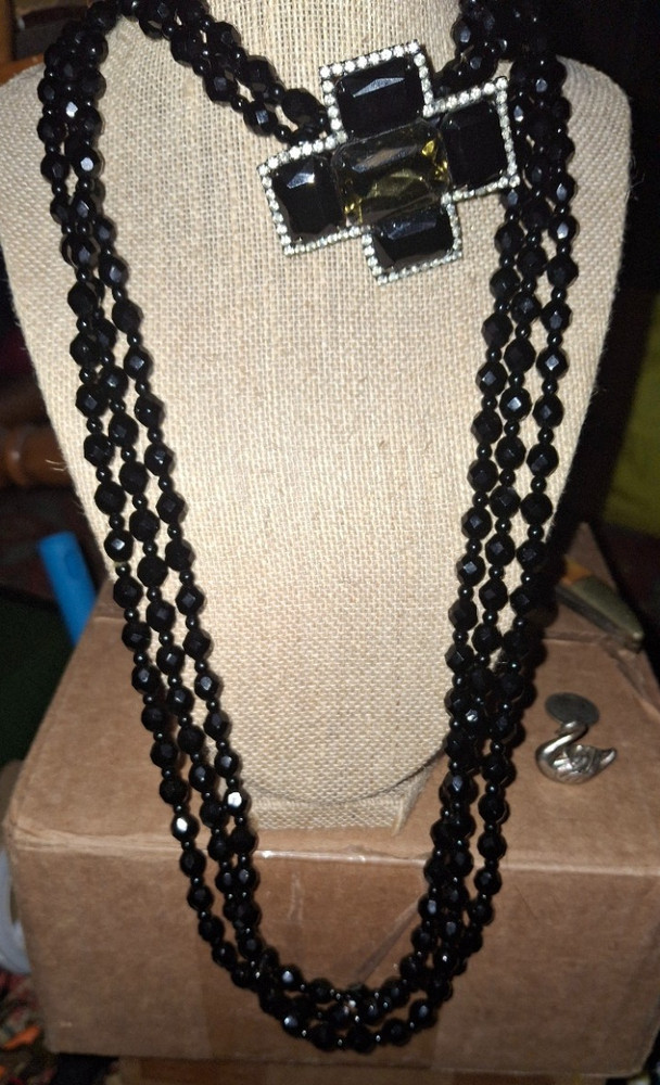 Jet Black Polished bead multistrand drape rhinestone cross statement necklace