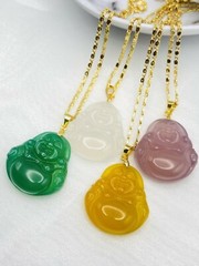 Jade Smiling Buddha Pendant Charm Necklace W/ 18K Gold Plated Chain Handmade