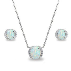 Oval Synthetic White Opal 925 Silver Stud Earrings & Necklace Set w. CZ Accents
