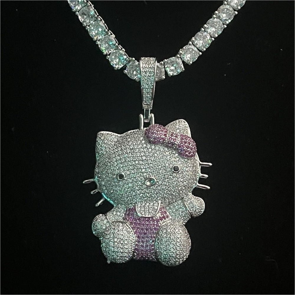 18” silver plated tennis with hello kitty pendant 5ACZ necklace