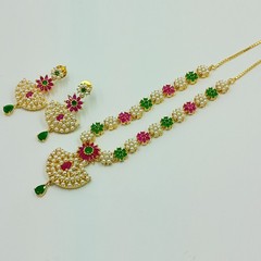 Ethnic 22K Gold Plated Kemp Ruby Emerald & Pearl Necklace Jewelry For Women