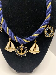 Nautical Navy & Gold Rope Collar Necklace w/ Sailboat & Anchor
