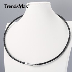 4MM 16″-30″ Black Braided Leather Rope Necklace Choker Stainless Steel Push Lock