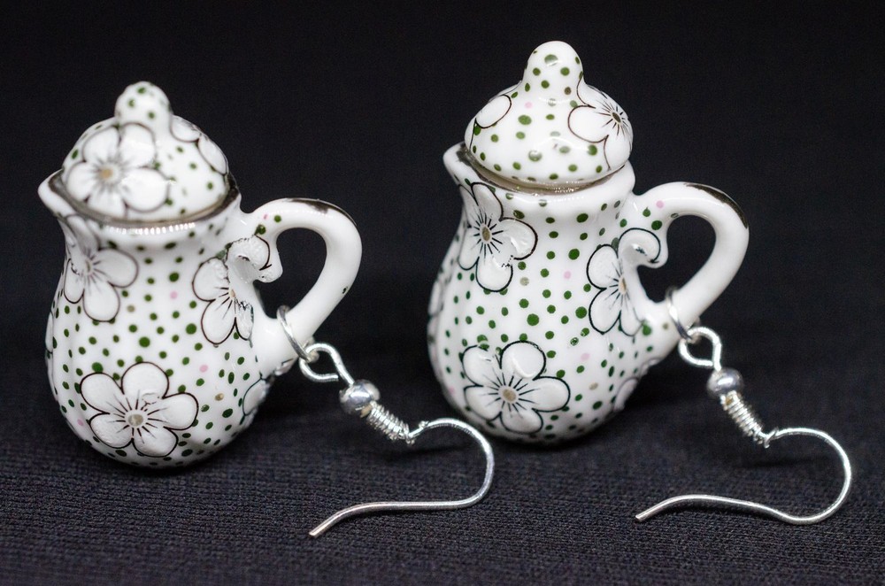 Earrings Miniblings Pendant Teapot Coffee Tea Porcelain Dots Green