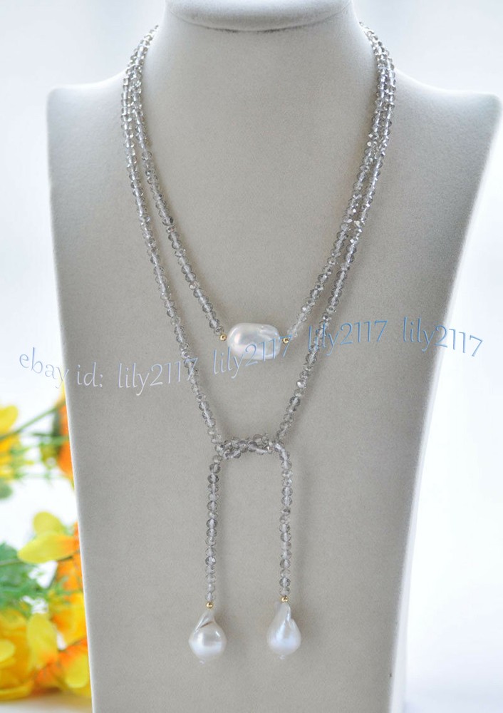 Faceted 4x6mm Gray Crystal Natural White Baroque Keshi Pearl Necklaces 36-100”