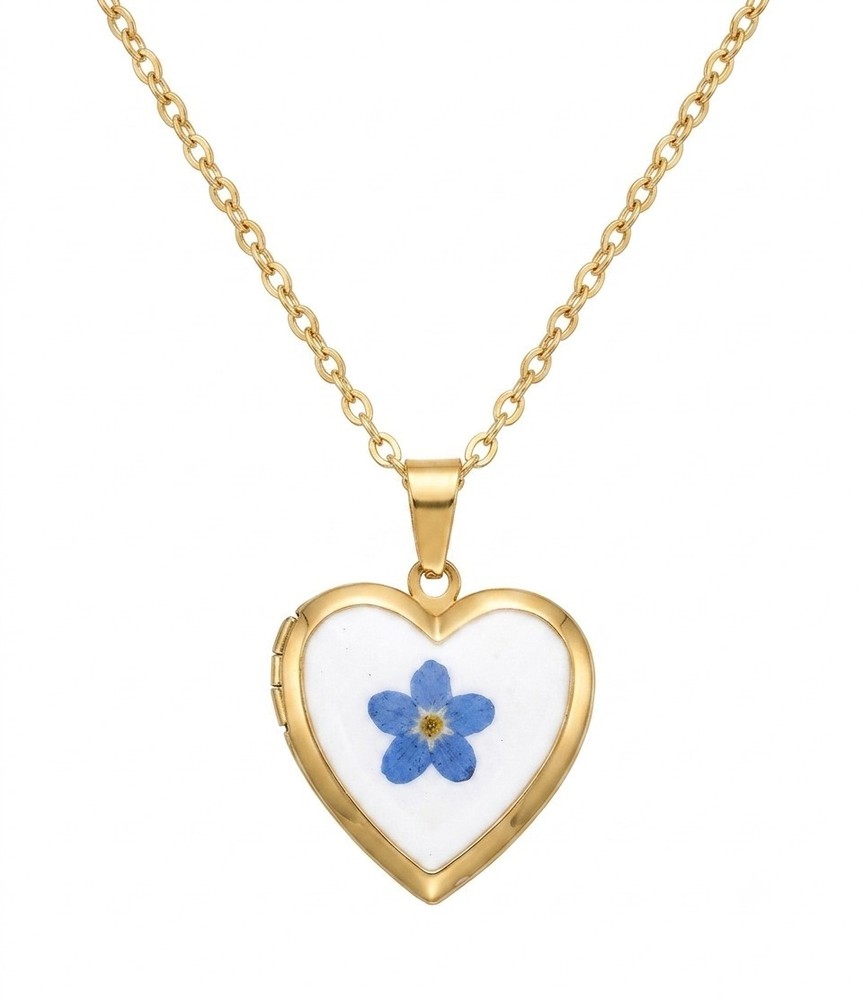 Real Pressed Flower Forget-Me-Not Heart Photo Locket Necklace 18k Gold Plated