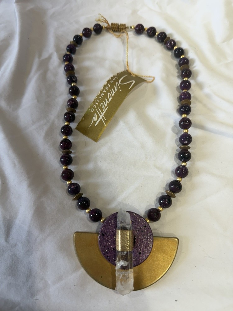 Simonetta San Francisco Purple Beaded Necklace Gold Asymmetrical Amulet Pendant