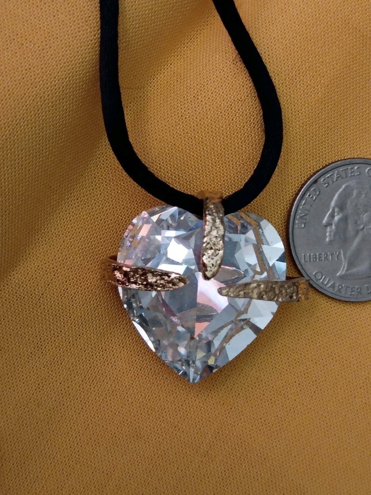 Gold Tone Heart Crystal Silk Black Cord Necklace, Adjustable Length