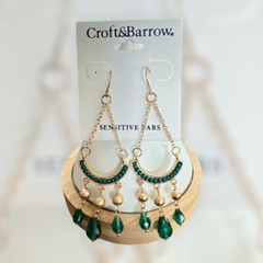 Croft & Barrow 3 1/4″ Gold Tone/Green Dangle/Drop Earrings-NWOT