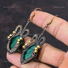Zambian Emrald Stone Dangle Drop Ethnic New Wire Wrapped Earrings Jewelry Copper