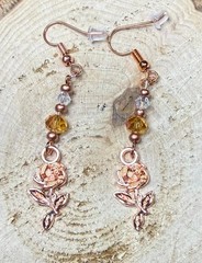 NEW Rose Gold Flower Earrings w/ Amber & Clear Glass Beads