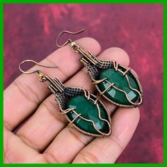 Copper Zambian Emrald Gemstone Wire Wrapped Dangle Drop Wedding Earrings Jewelry