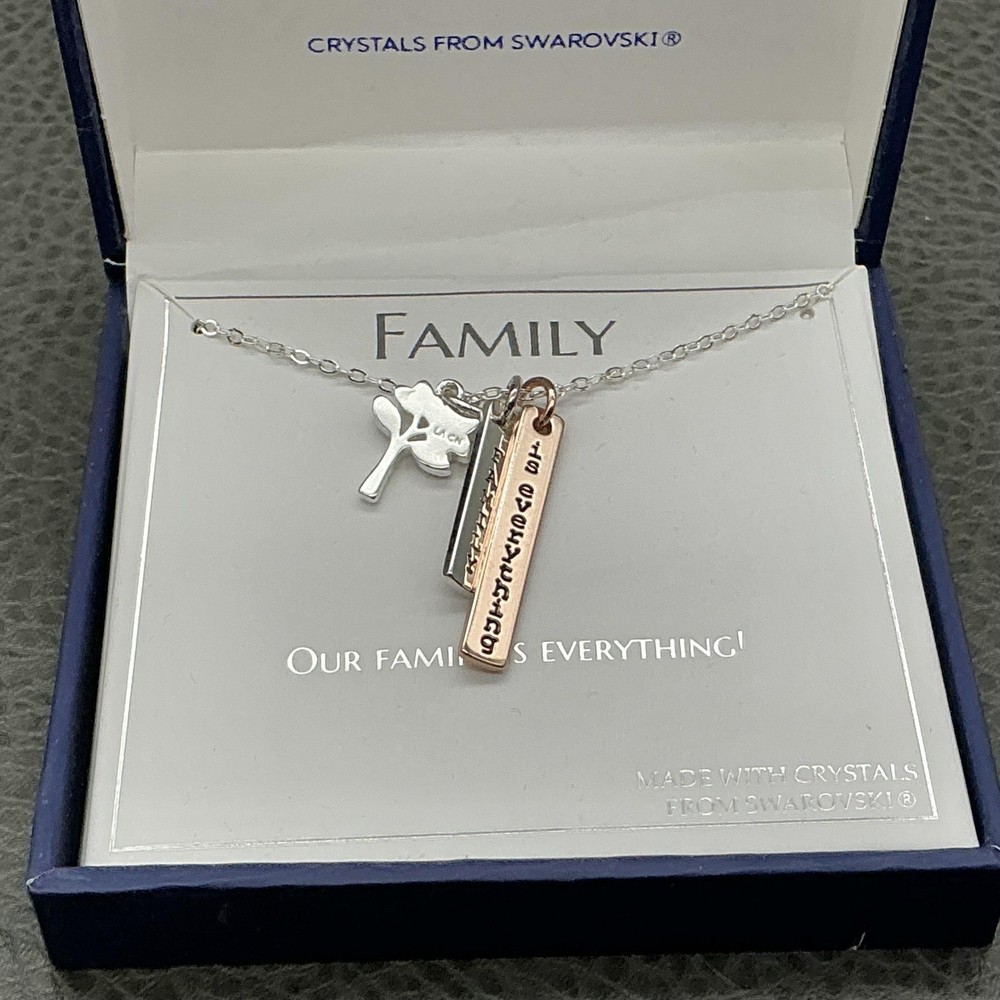 Brilliance Necklace Silver Family Tree Bar Pendant Swarovski Crystal Jewelry