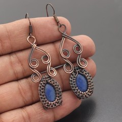 Lapis Lazuli Gemstone Copper Wire Wrapped Handmade Earring Jewelry Gift For Wife