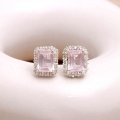 Natural Rose Quartz Octagon Stud Earrings 925 Sterling Silver Moissanite Jewelry