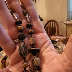 Boho Beaded Statement Charm Necklace Bronze/Black Rectangle Pendant, Dangling
