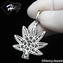 MEN SOLID 925 STERLING SILVER ICY BLING CZ 3D GREEN MARIJUANA LEAF PENDANT*SP446