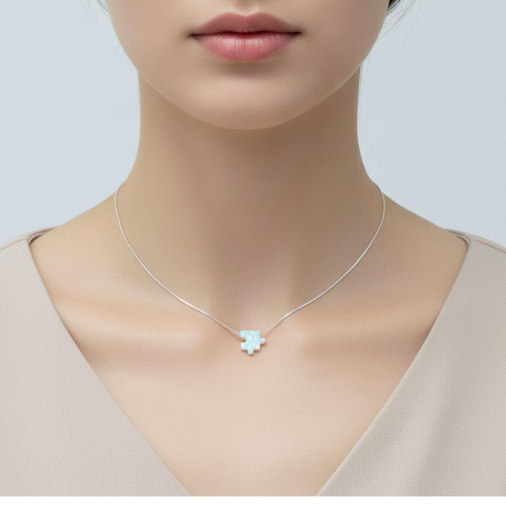 Puzzle Piece Necklace Lab Created Opal 925 Sterling Silver Autism Awareness Gift