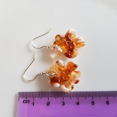Dangle Drops Earrings Flowers Tea Brown Colors Murano Glass 925 Silver Hooks