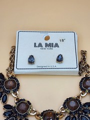 New LA MIA Signed Crystal Gold Tone Statement Necklace Brown Black Blue & Clear
