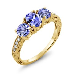 1.79 Ct Oval Tanzanite 18K Yellow Gold Plated Silver Moissanite Ring