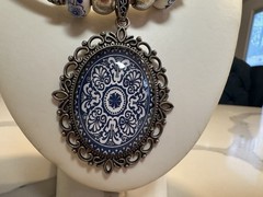 Vintage-Inspired Boho Blue White Ceramic Style Medallion Metal Necklace Cork Cor